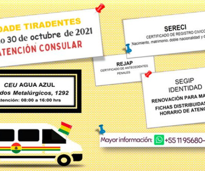 Consulado volante boliviano em Tiradentes, neste sábado 30/10/21 das 8:00 às 16:00h.