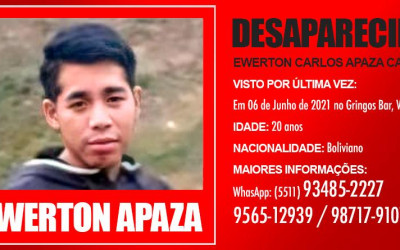 Desaparecido o boliviano Ewerton Carlos Apaza Capcha